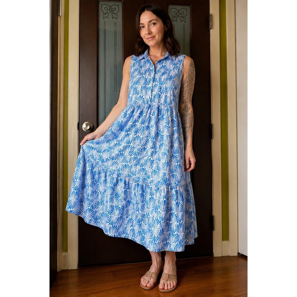 Tahari by ASL Ivory Chambray Blue Palm Leaf Print Sleeveless Shift Dress  M NWT